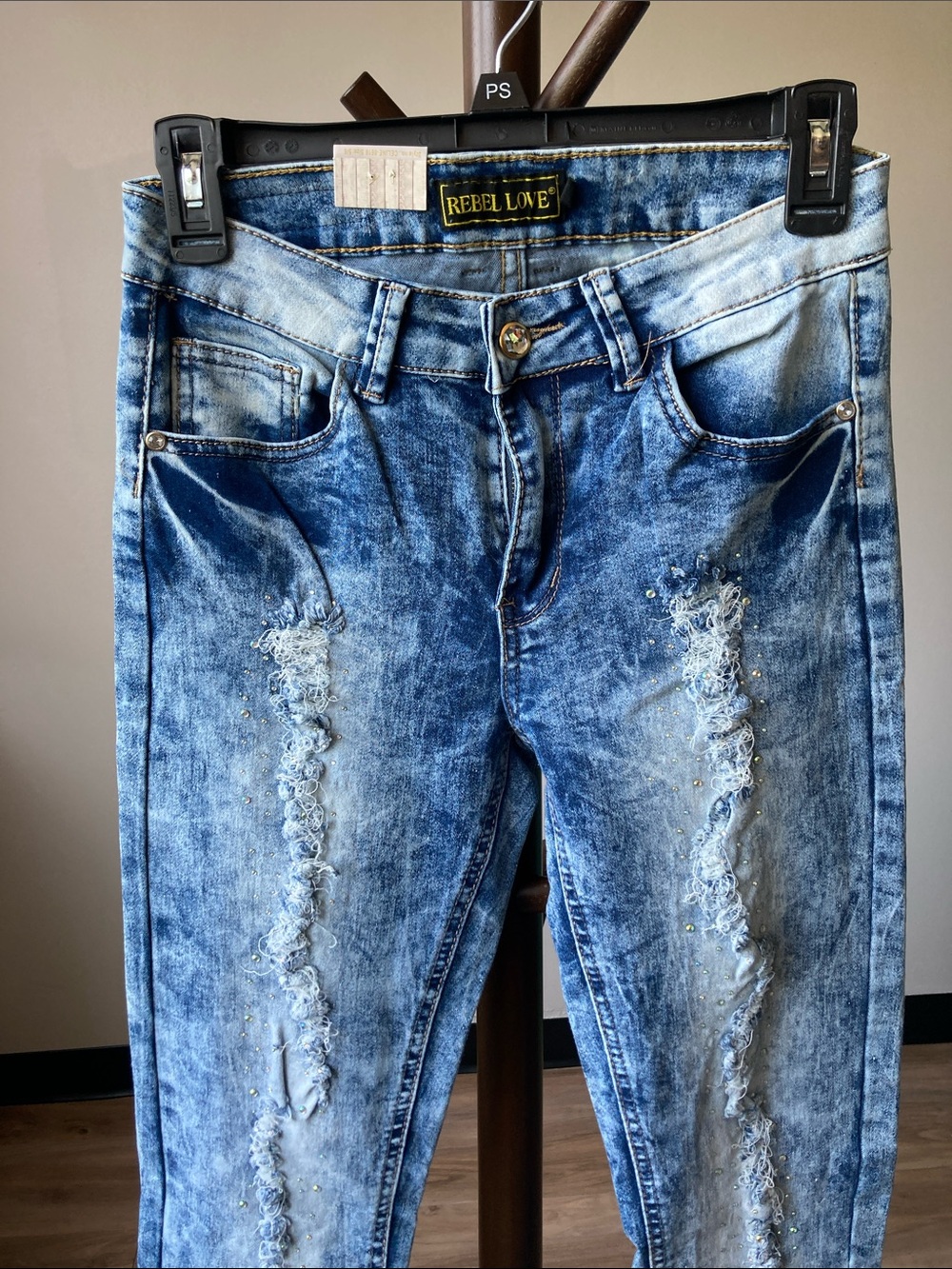 Rebel love jean distressed retro jean acid wash like color embellished 5 / 6 jr - Picture 11 of 17